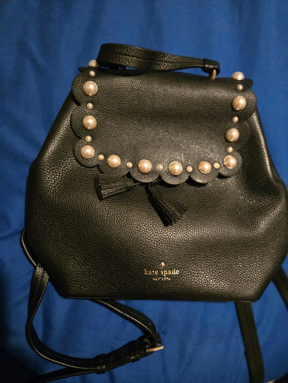 Kate Spade Black Leather Backpack with Pearl and Tassel Detailing